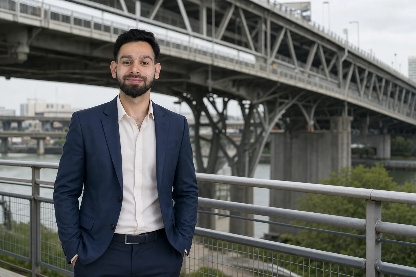 Nirav Khanal standing near a steel bridge