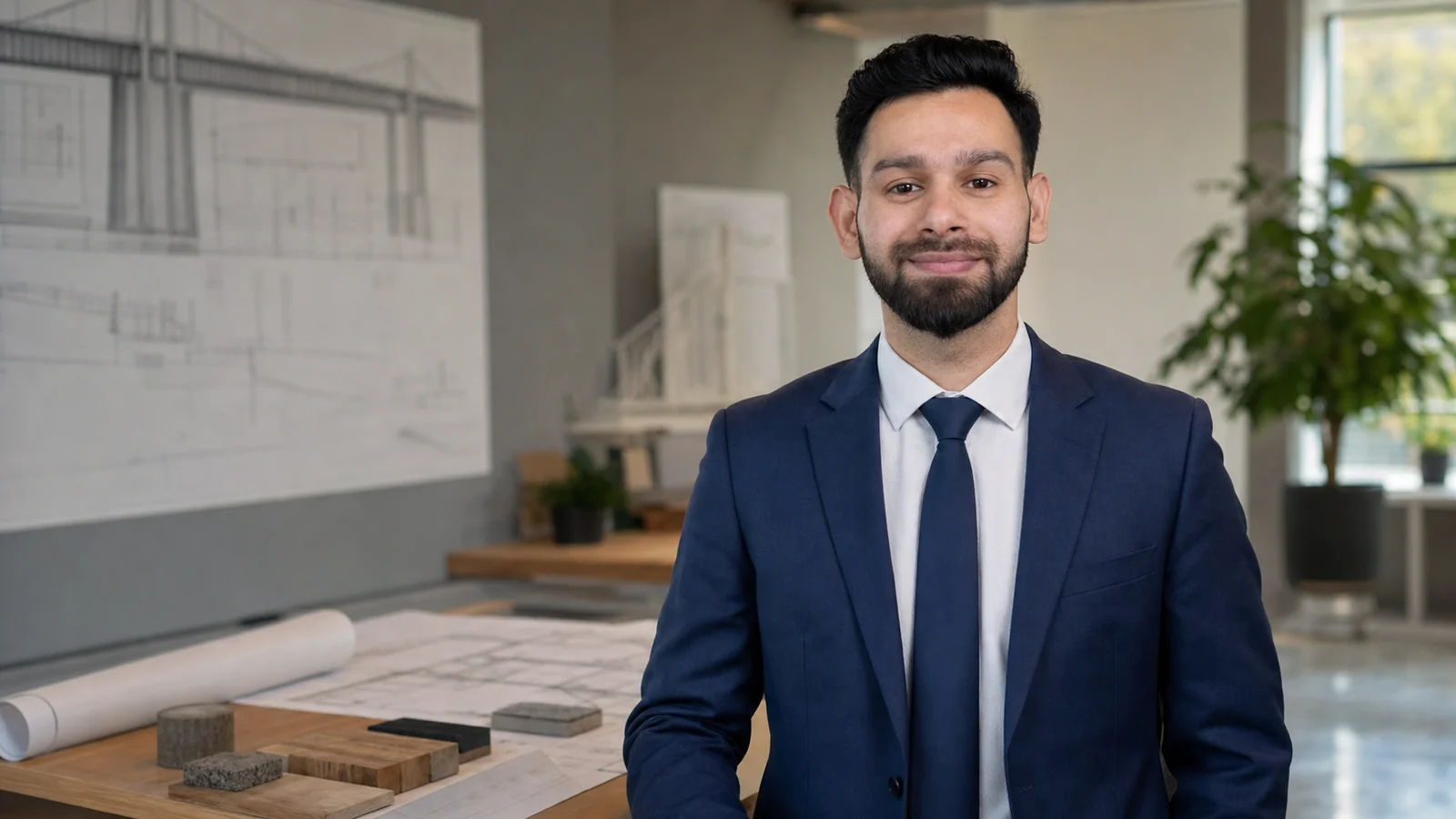 Nirav Khanal in a design office with engineering drawings