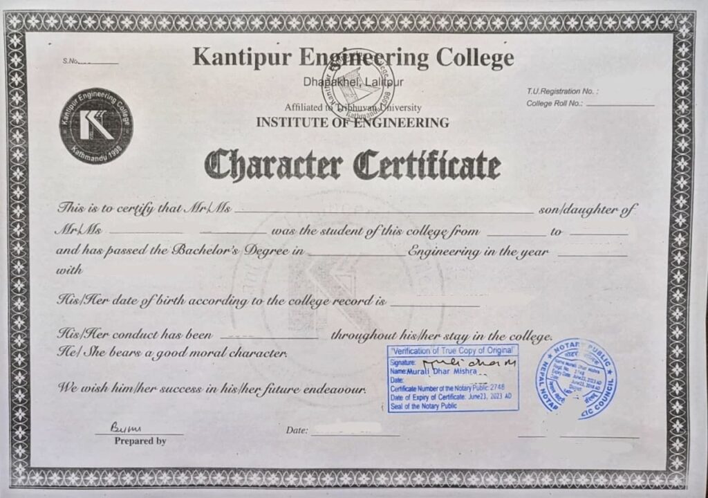 Character Certificate nec engineering licence in nepal
