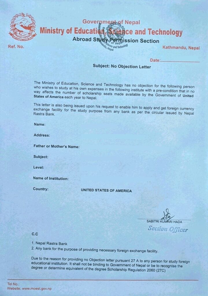 NOC Nepal F1 visa