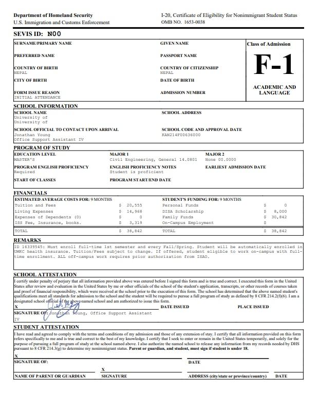 how to apply for us visa from nepal - US University I-20 sample