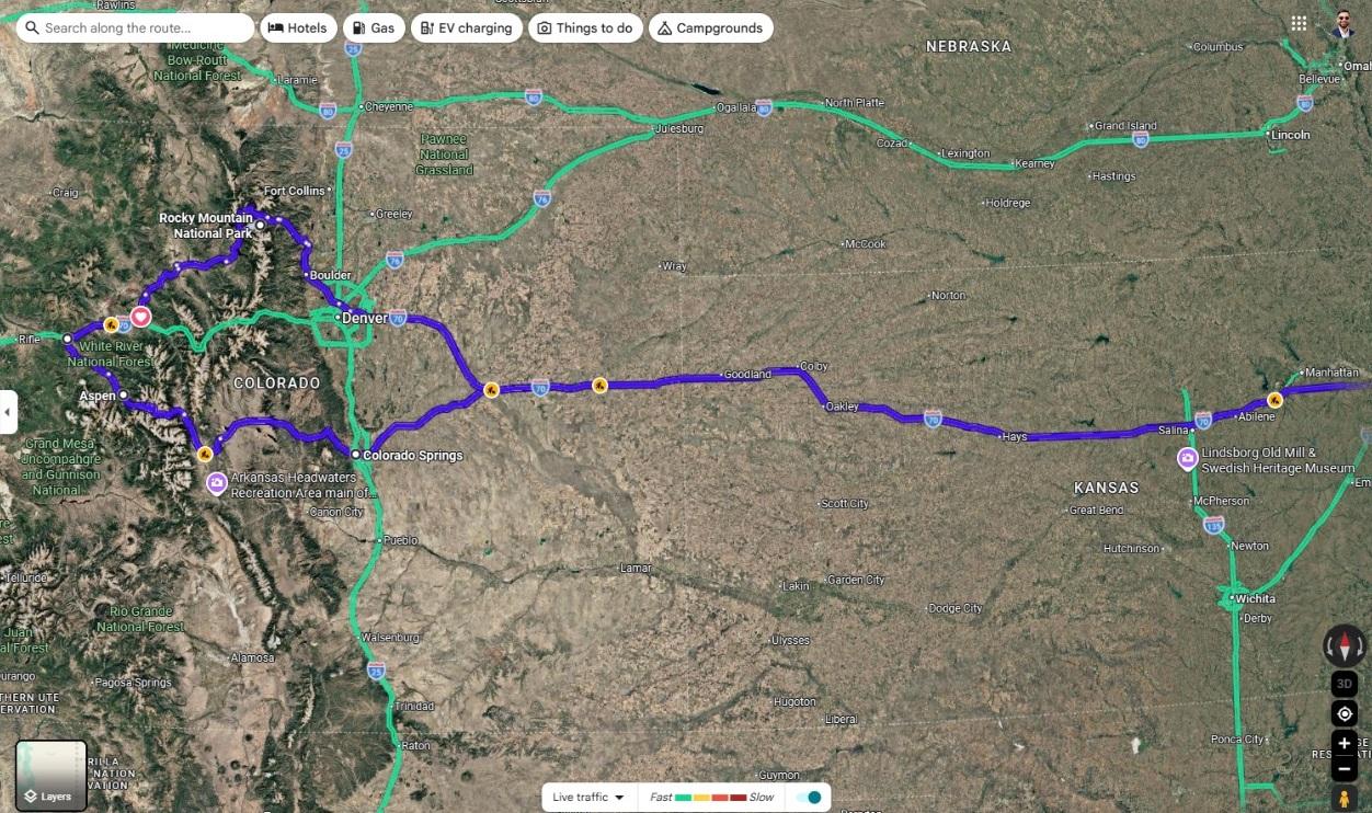 Map of the road trip route from Kansas City through Colorado